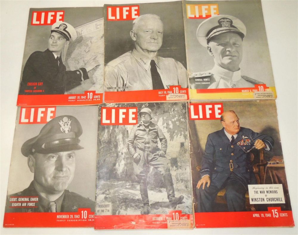 Lot 230: Lot (6) WWII LIFE Magazines George Gay General Eaker Churchill Nimitz Truscott