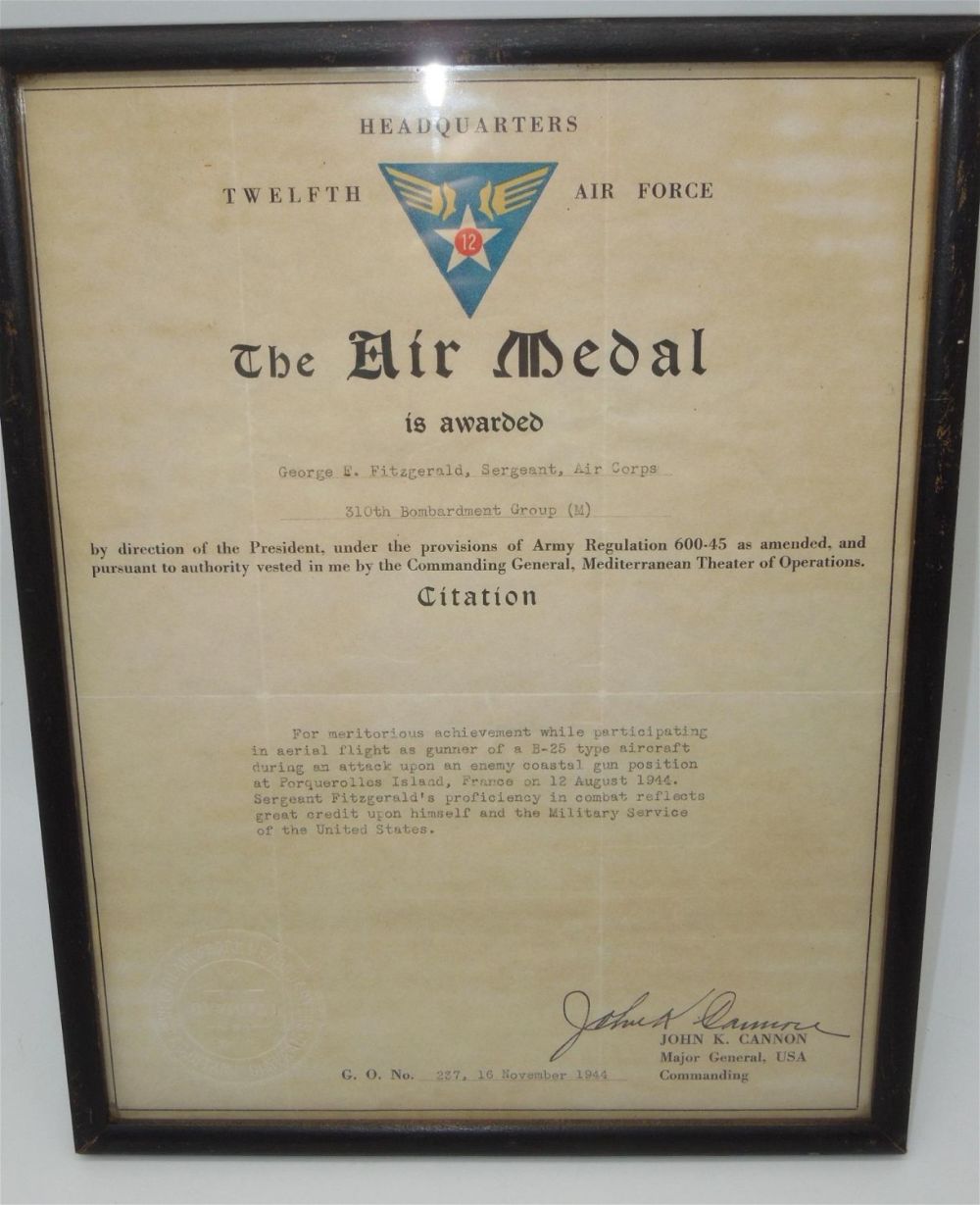 Lot 257: WWII US 12th Army Air Force Air Medal Commendation Certificate