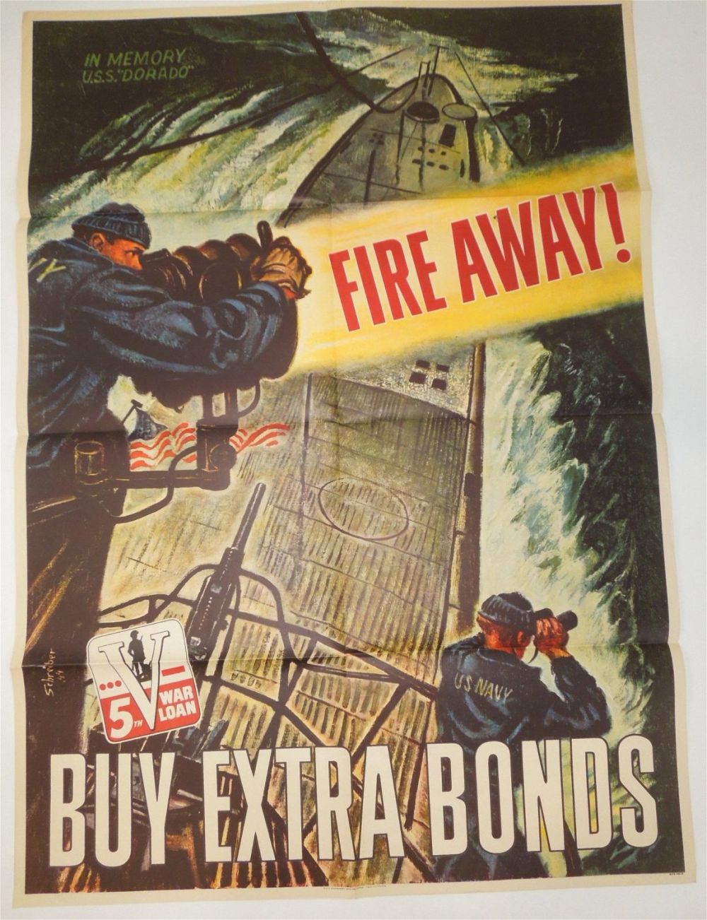 Lot 272: WWII 1944 Navy Fire Away Buy Bonds 5th War Loan US Propaganda War Poster USS Dorado