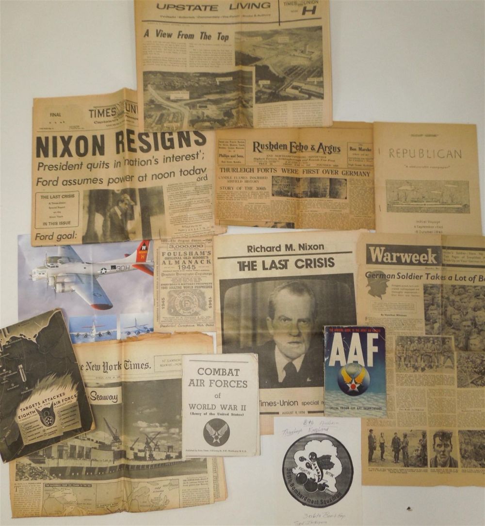 Lot 280: WWII - 1970s Paper Lot Newspaper 8th AAF Book Photos Nixon Resigns