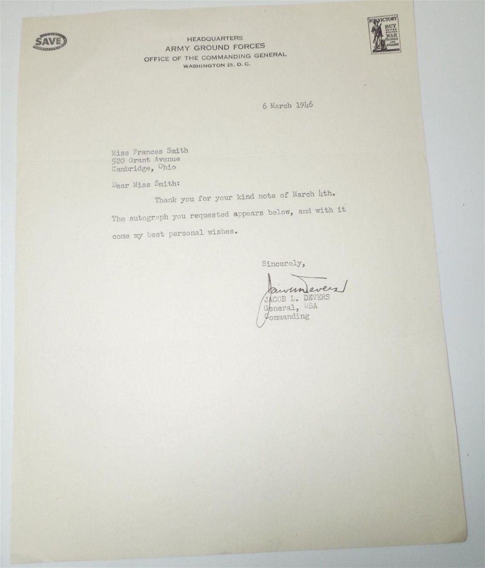 Lot 313: 1946 TLS Hand Signed Letter General Jacob Devers