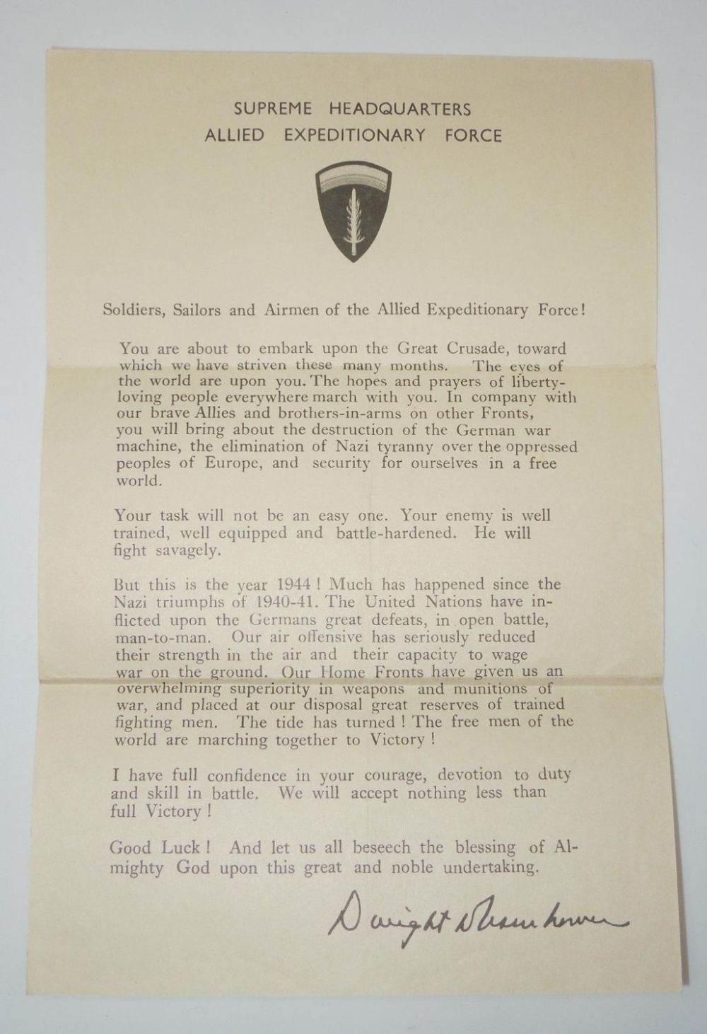 Lot 325: WWII D-Day Letter From General Dwight Eisenhower to Troops