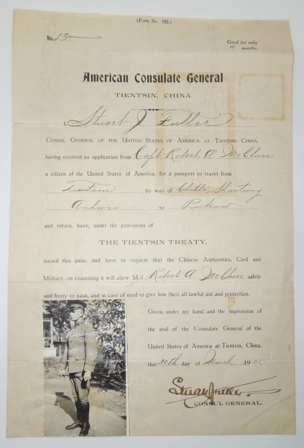 Lot 335: 1920 Tientsin China Consular Travel Pass For a US Infantry Officer