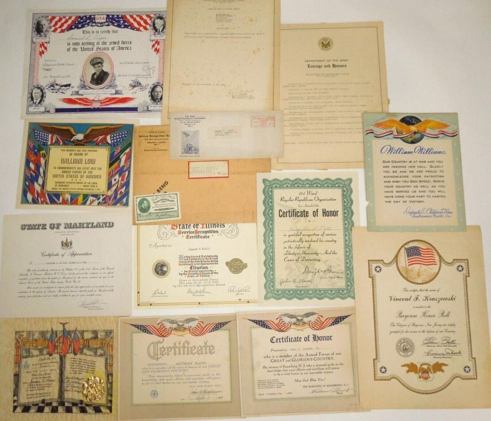 Lot 336: WWII US Military Home Front Certificates & Documents Lot