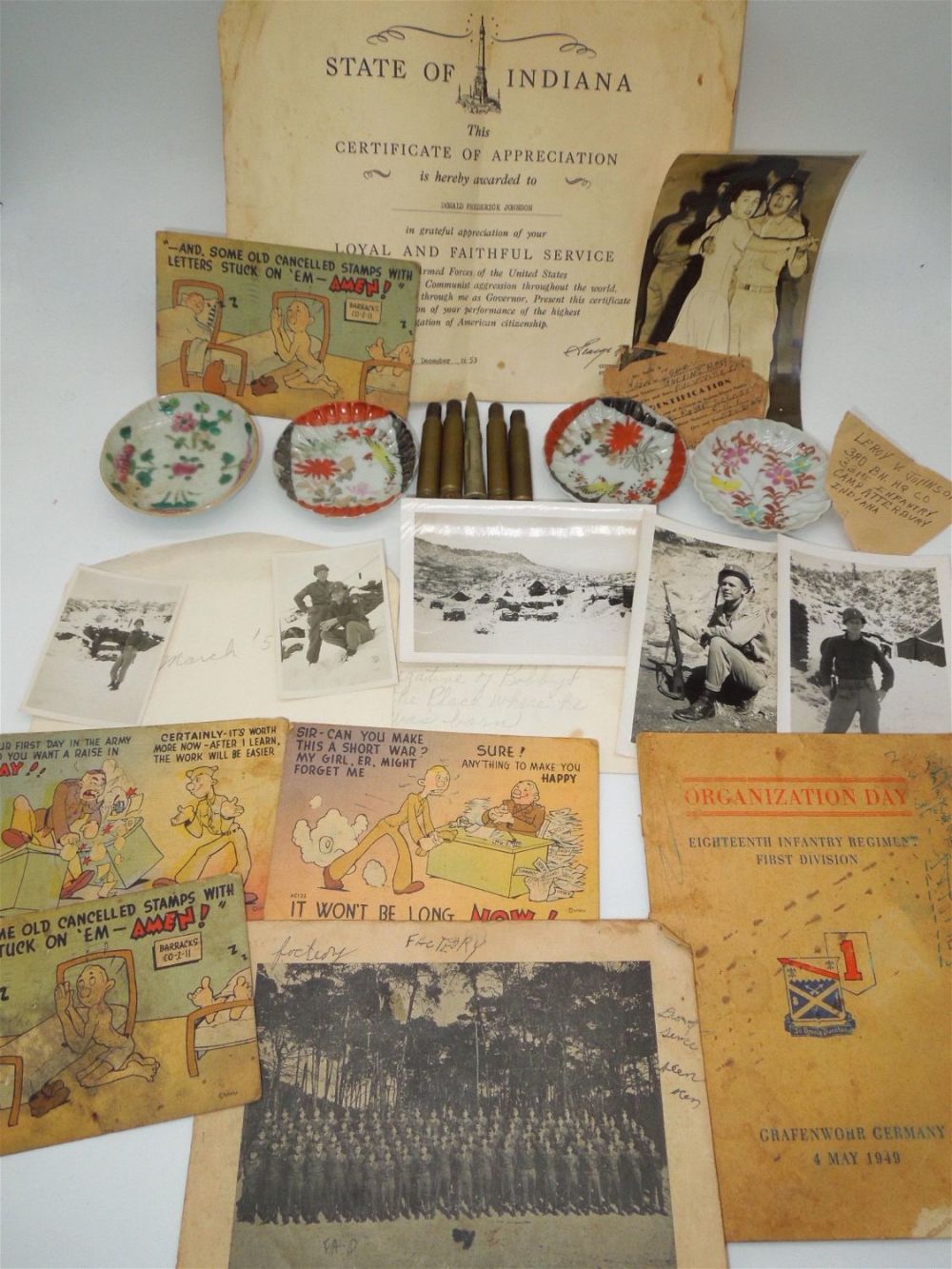 Lot 340: Korean War US Army Paper Lot & Japanese Dishes 3rd Infantry Division