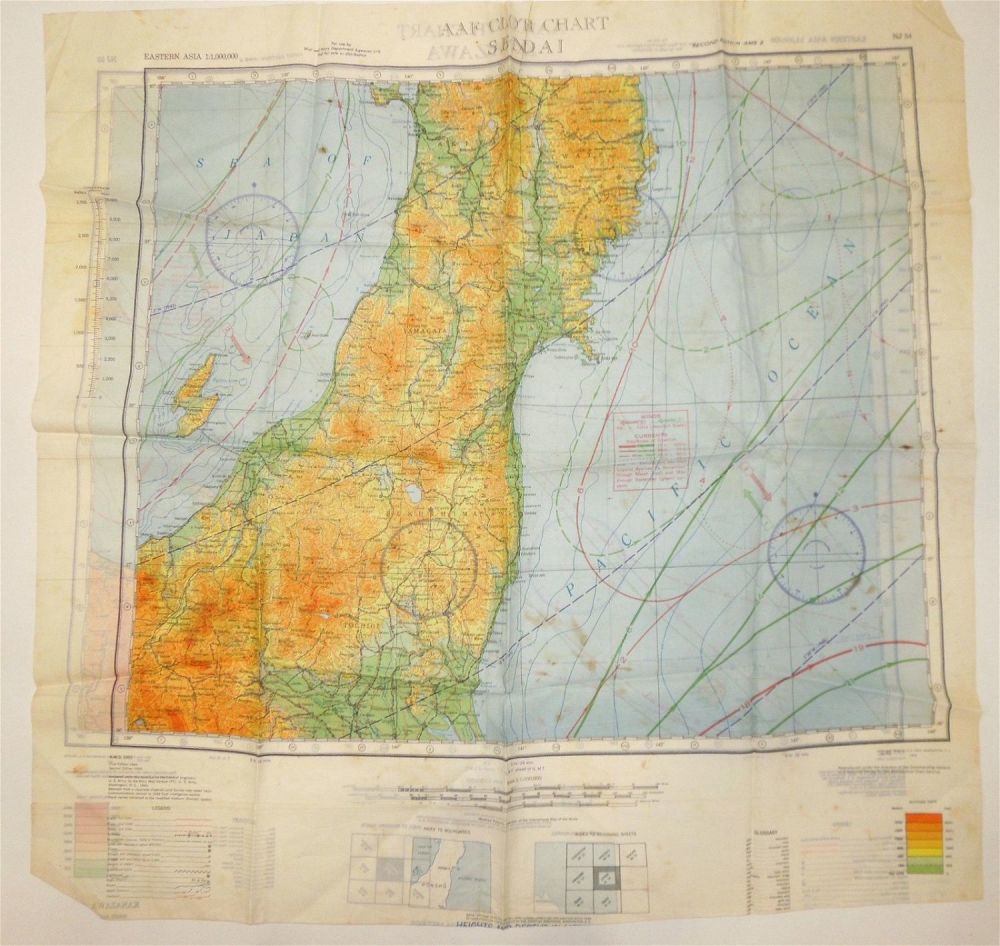Lot 342: WWII Silk USAAF Army Air Force Aircrew Escape Map of Sendai Kanazawa, Japan