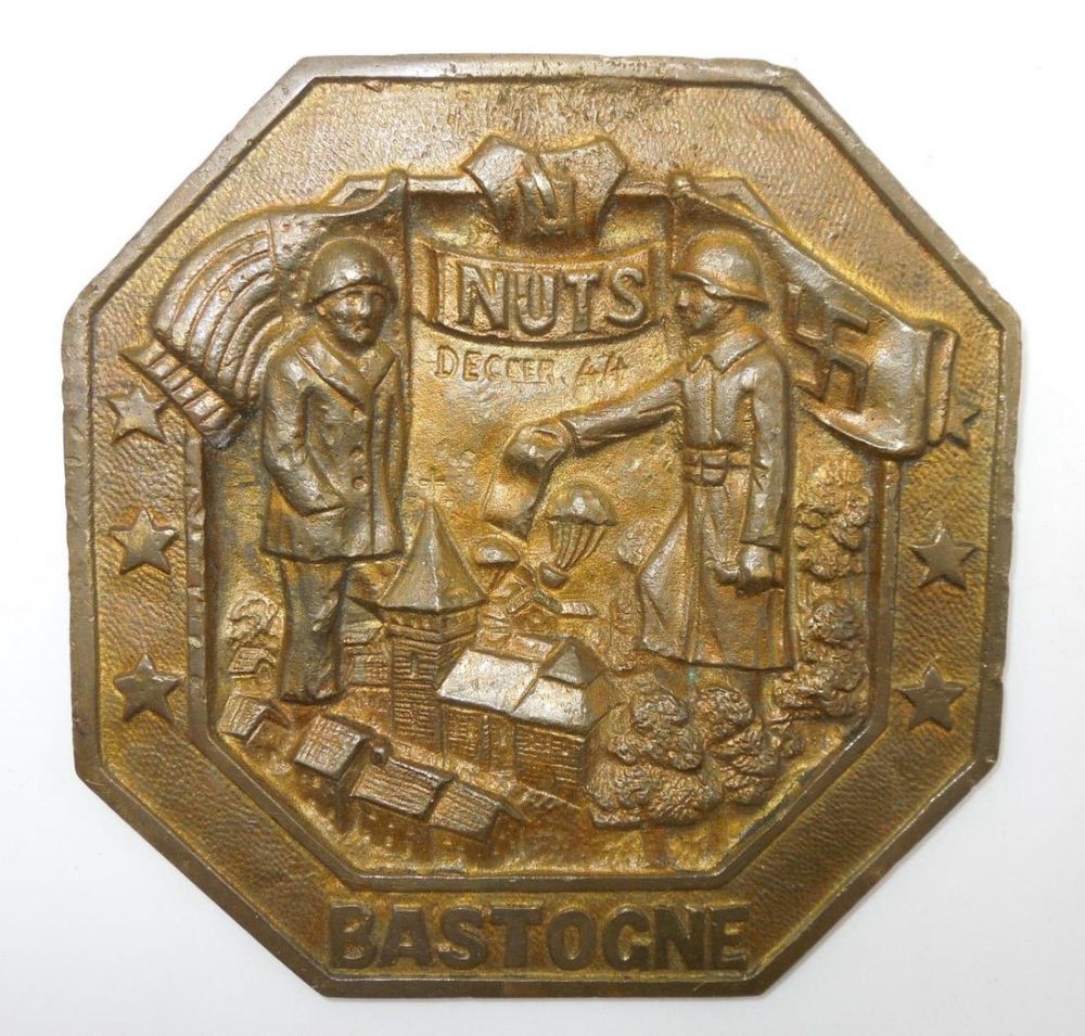 Lot 344: WWII US Army 101st Airborne Bastogne Made MacAuliffe NUTS Plaque