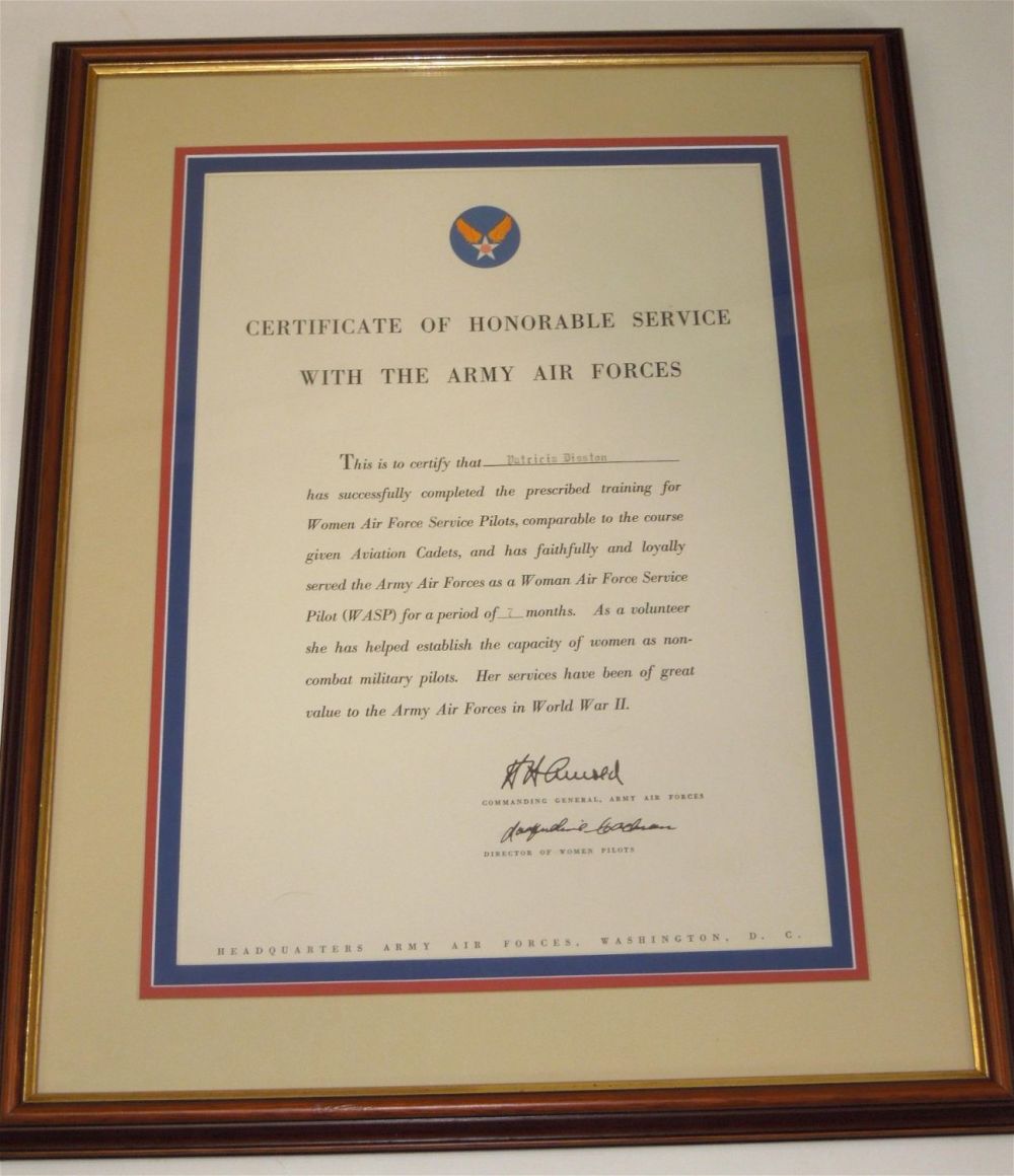 Lot 354: WWII Army Air Force AAF WASP Honorable Service Certificate to a Female Pilot Disston