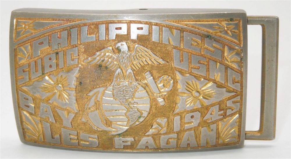 Lot 400: 1945 Engraved USMC Marine Corps Belt Buckle Philippines Subic Bay