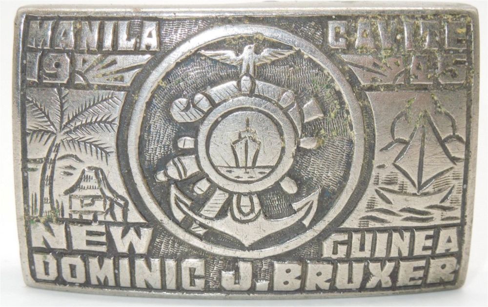 Lot 401: 1945 Engraved US Navy Belt Buckle Philippines New Guinea Manila Cavite
