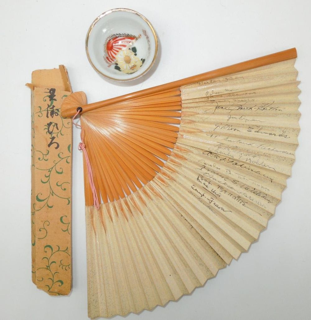 Lot 406: 1930s Japanese Fan Signed by US Military Attaches to Japan & Saki Cup