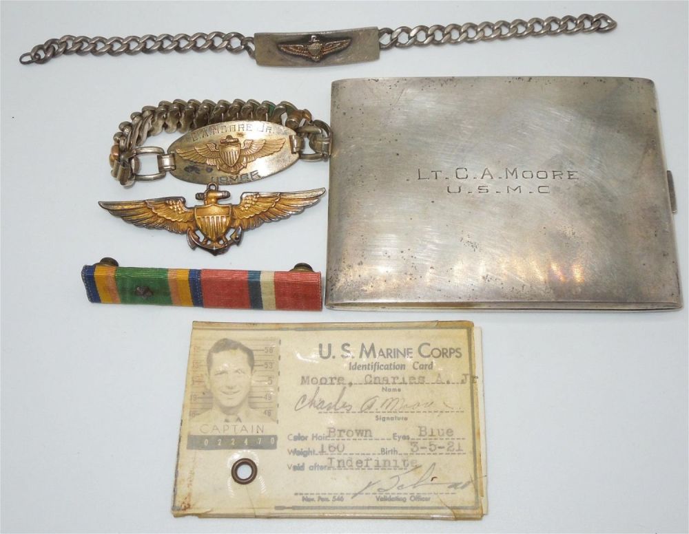Lot 410: WWII Group to a USMC Marine Corp Pilot Wings Cigarette Case Bracelet ID Card