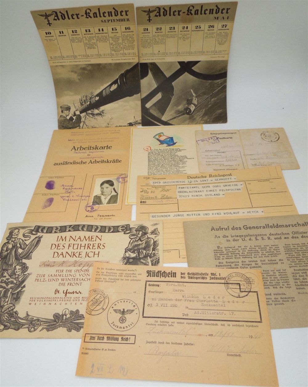 Lot 420A: WWII Era German Papers, Work / Photo, Certificate, Field Marshall Message to POWs, etc.