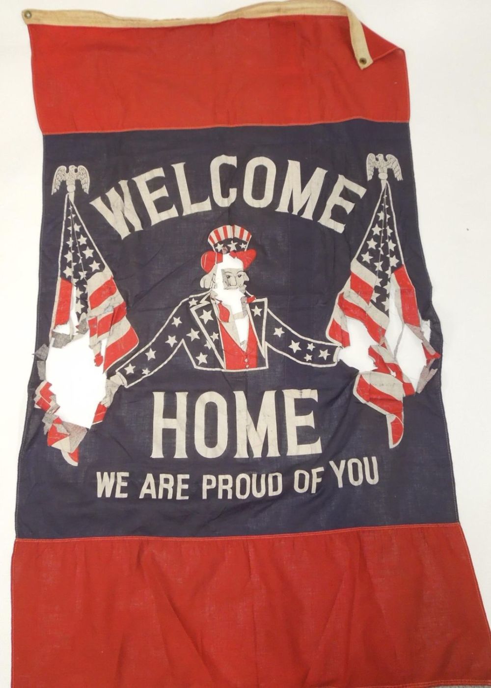 Lot 445: WWI Era Large Uncle Sam Welcome Home Banner Flag Home Front