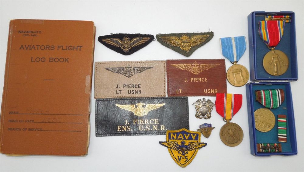 Lot 447: WWII - Korea USN Navy Fighter Pilot Wing, Medals & Log Book