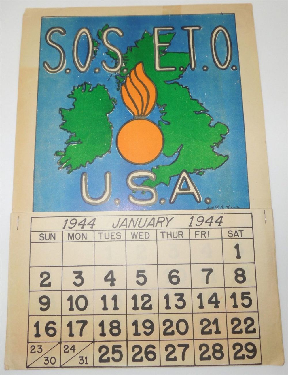 Lot 452: 1944 US Army Service of Supply Hand Drawn European E.T.O. Calendar