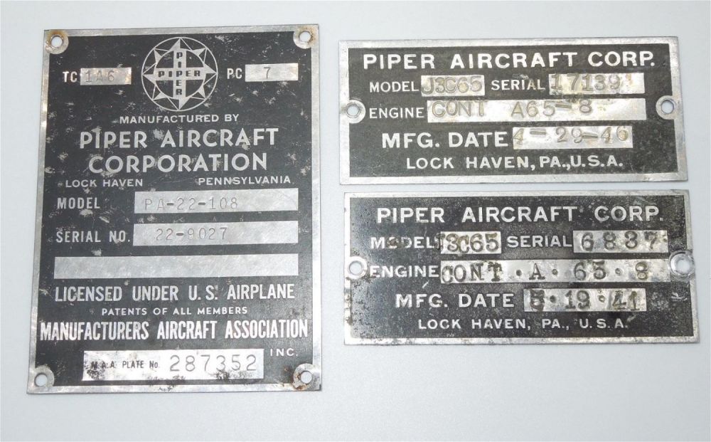 Lot 457: WWII - 1960s US Aircraft Piper Plane Data Plates Lot (3)