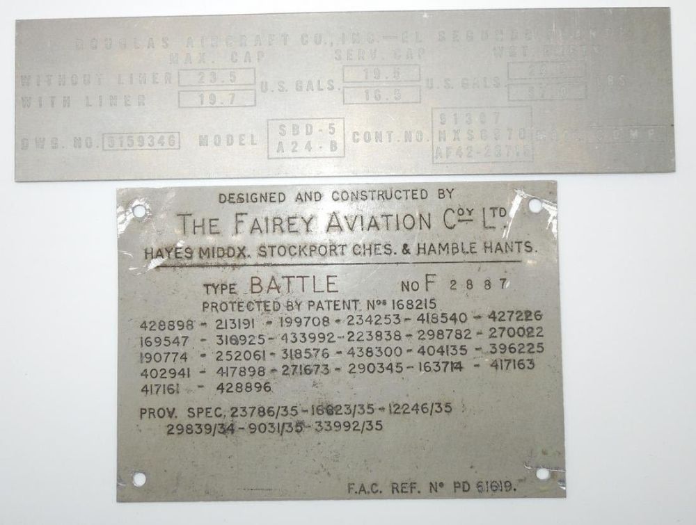 Lot 458: WWII US Aircraft Data Plates Douglas Dauntless & Fairey Battle Aviation Company