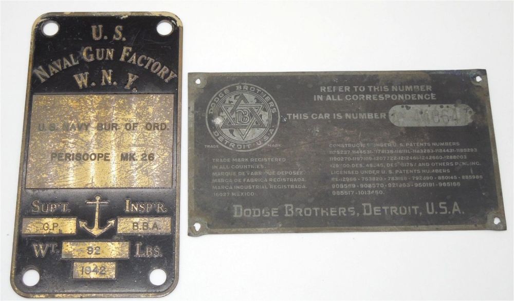 Lot 460: WWII US Navy Data Plates 1942 Periscope MK26 & 1920 Dodge Brothers Car Vehicle
