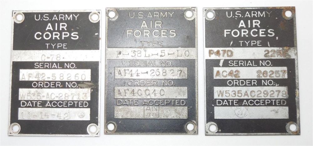 Lot 468: WWII US Army Air Force Aircraft Data Plates P-47D Shot Down, P-38, & C-78 Planes