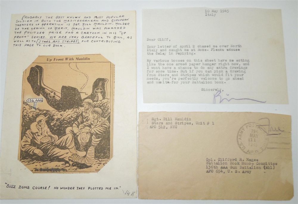 Lot 470: WWII 1945 Army Cartoonist Bill Mauldin Signed Letter, Envelope & Cartoon