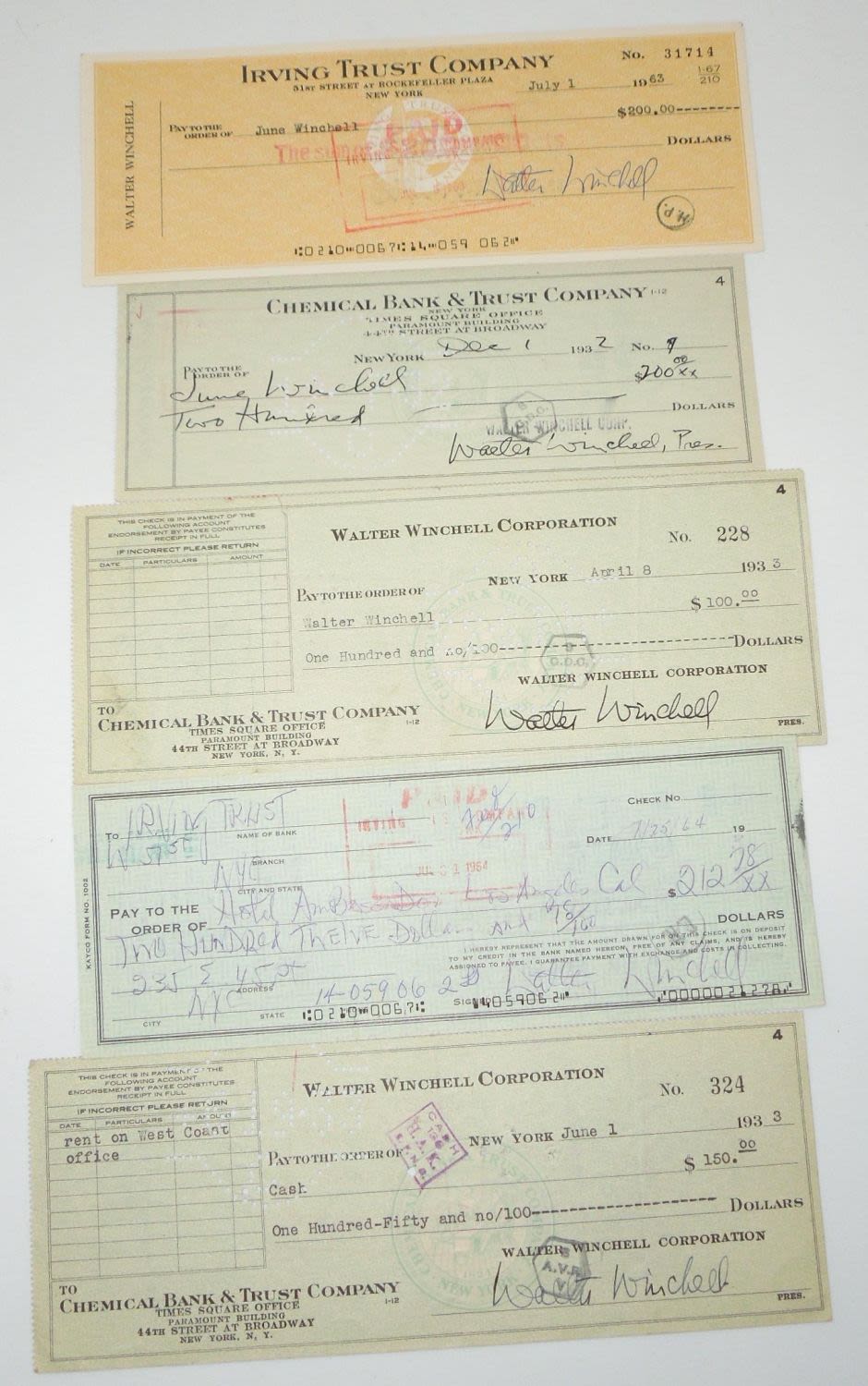 Lot 472: 1930s & 1960s News Broadcaster Walter Winchell Signed Checks Lot of 5