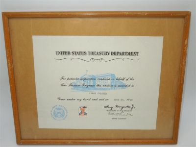 Lot 474 WWII 1945 US Treasury Certificate to Jerry Colonna USO