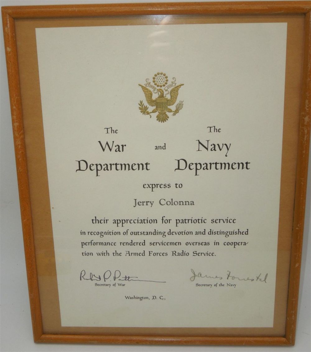 Lot 474A: WWII Era Jerry Colonna Armed Forces Radio Service Certificate USO Entertainer