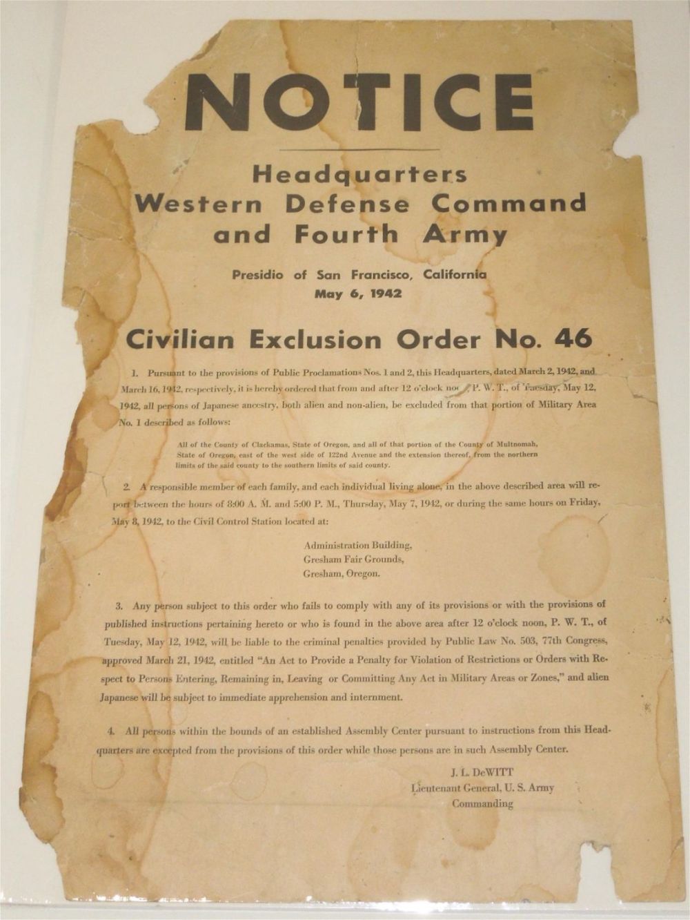 Lot 479: WWII 1942 Japanese Civilian Exclusion Order For Internment Poster 4th Army