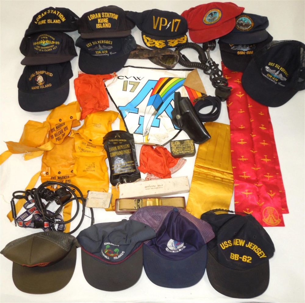Lot 522: Large Military Lot Pilot Microphones, Caps, Sea Dye Markers