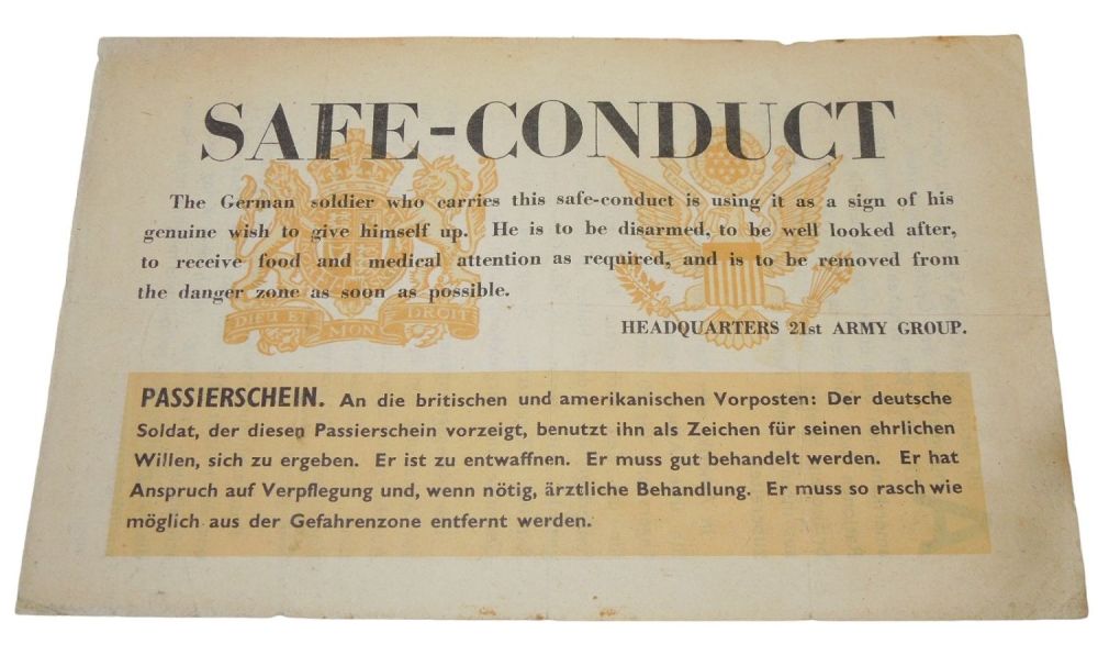 Lot 146: WWII Era US - British 21st Army Allied Group Safe Conduct Leaflet Pass
