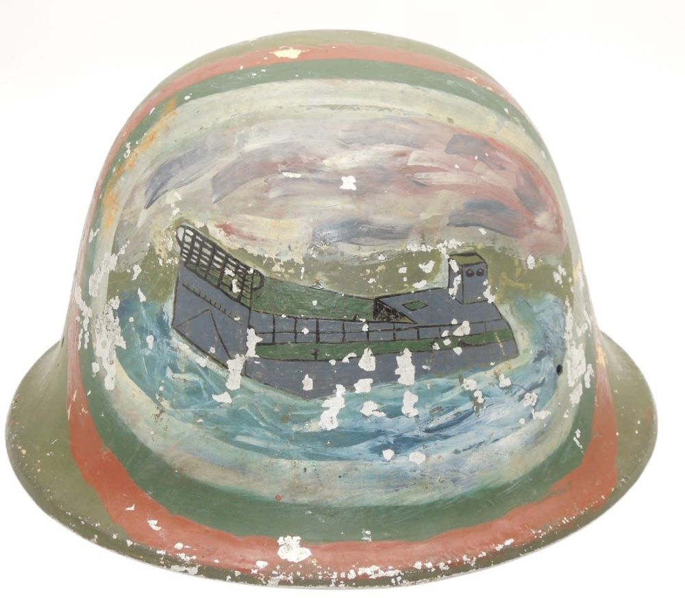Lot 166: WWII Era Japanese Civil Defense Painted Army Painted Helmet With Landing Craft