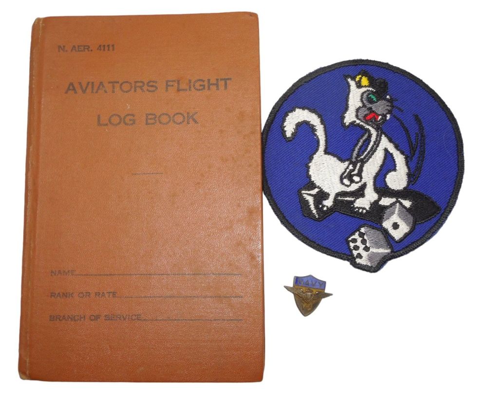 Lot 170: WWII Era USN Navy PBY Pilot Aviators Flight Log Book, VPB-61 Patch, & V-5 Pin Group