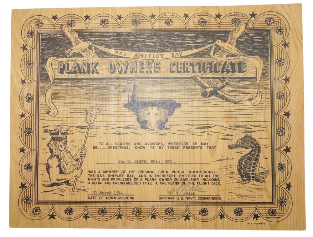 Lot 177: WWII 1944 USN Navy USS Shipley Bay Escort Carrier Named Plank Owners Certificate
