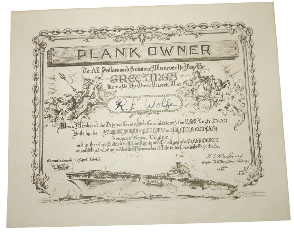 Lot 178: Post WWII 1946 USN Navy USS Leyte CV-32 Aircraft Carrier Named Plank Owners Certificate