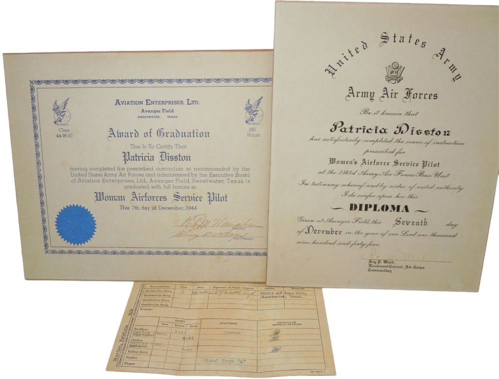 Lot 179: WWII Named WASP Womens Army Service Pilot Document Graduation Group Avenger Field
