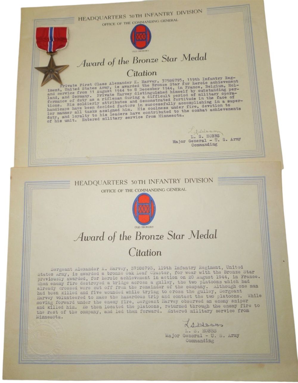 Lot 180: WWII Era Army 30th Infantry Division 119th Regiment Bronze Star & Certificates Lot