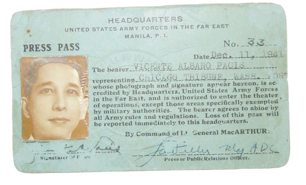 Lot 184: WWII 1941 Named Army Forces Far East Command Press Pass for Filipino Reporter
