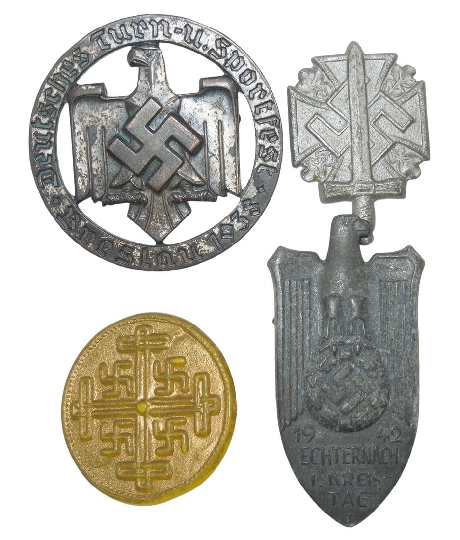Lot 277: WWII German Military Tinnies & Pins Lot Breslau 1938 Echternach