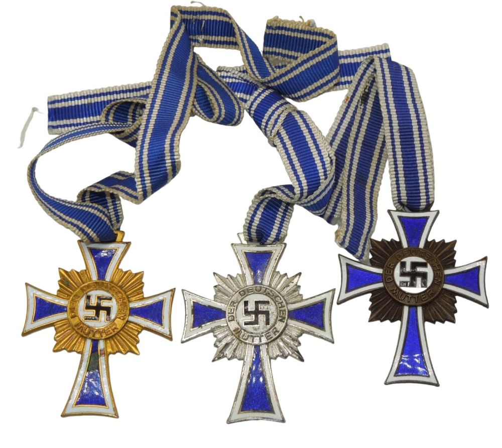 Lot 282: WWII German Mothers Cross Medals in Gold, Silver, & Bronze