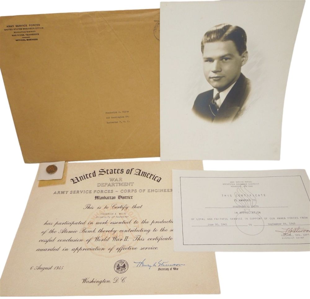 Lot 323: WWII Manhattan Project Atomic Bomb Nuclear Engineer Certificate & Pin Group