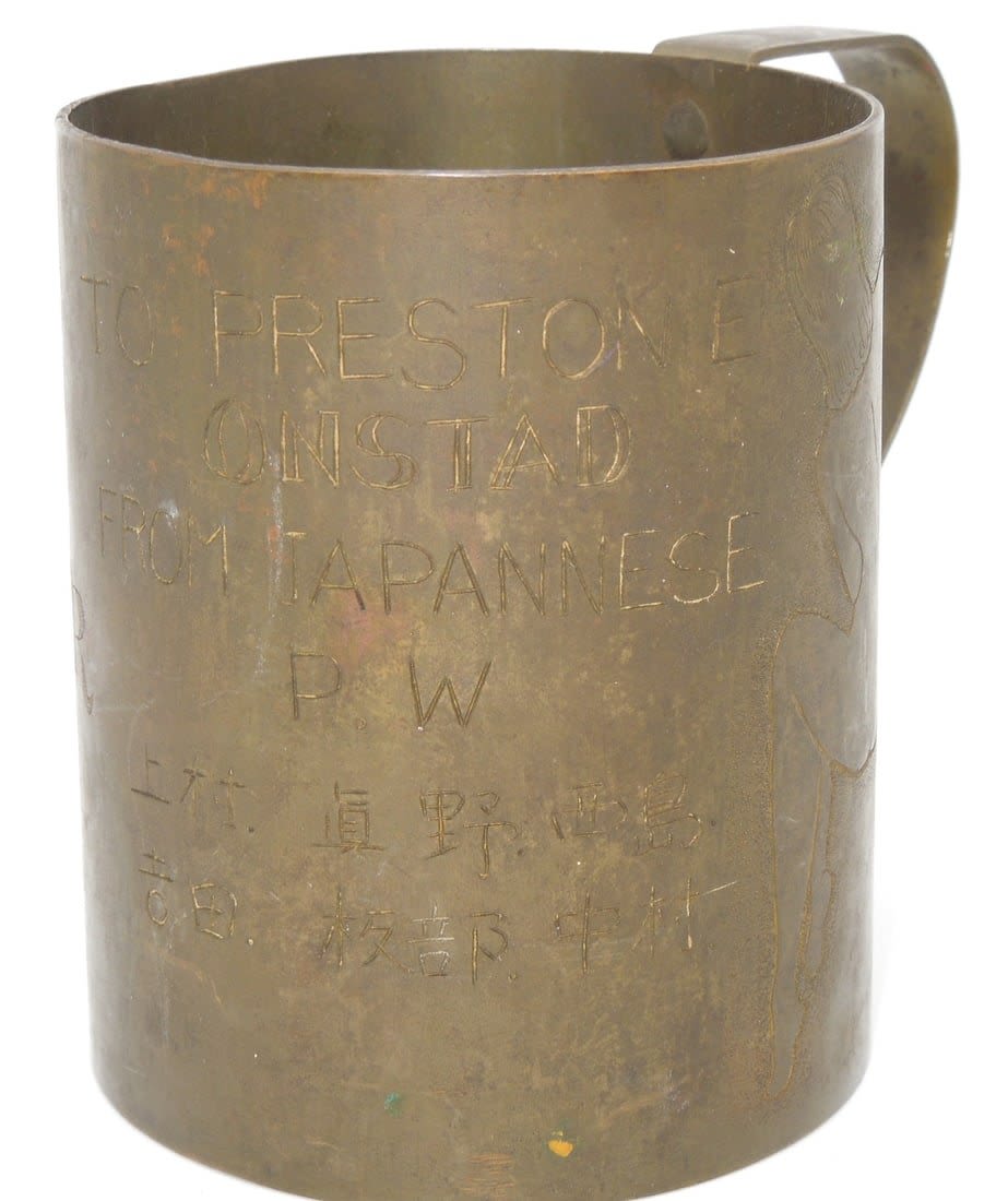 Lot 355: 1946 Corregidor Engraved Metal Cup Made By Japanese Prisoner of War POW Pin Up Girl