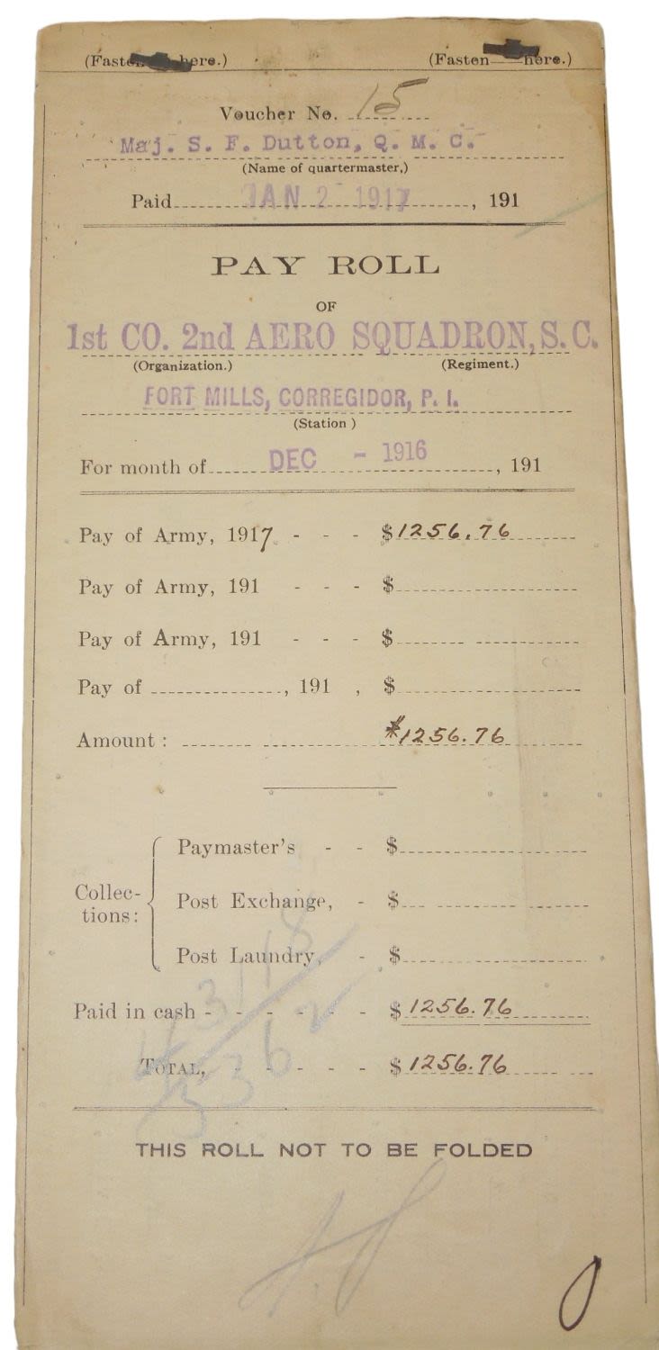 Lot 356: WWI 1917 2nd Aero Squadron Fort Mills Corregidor 37 Signatures Pay Roll Document