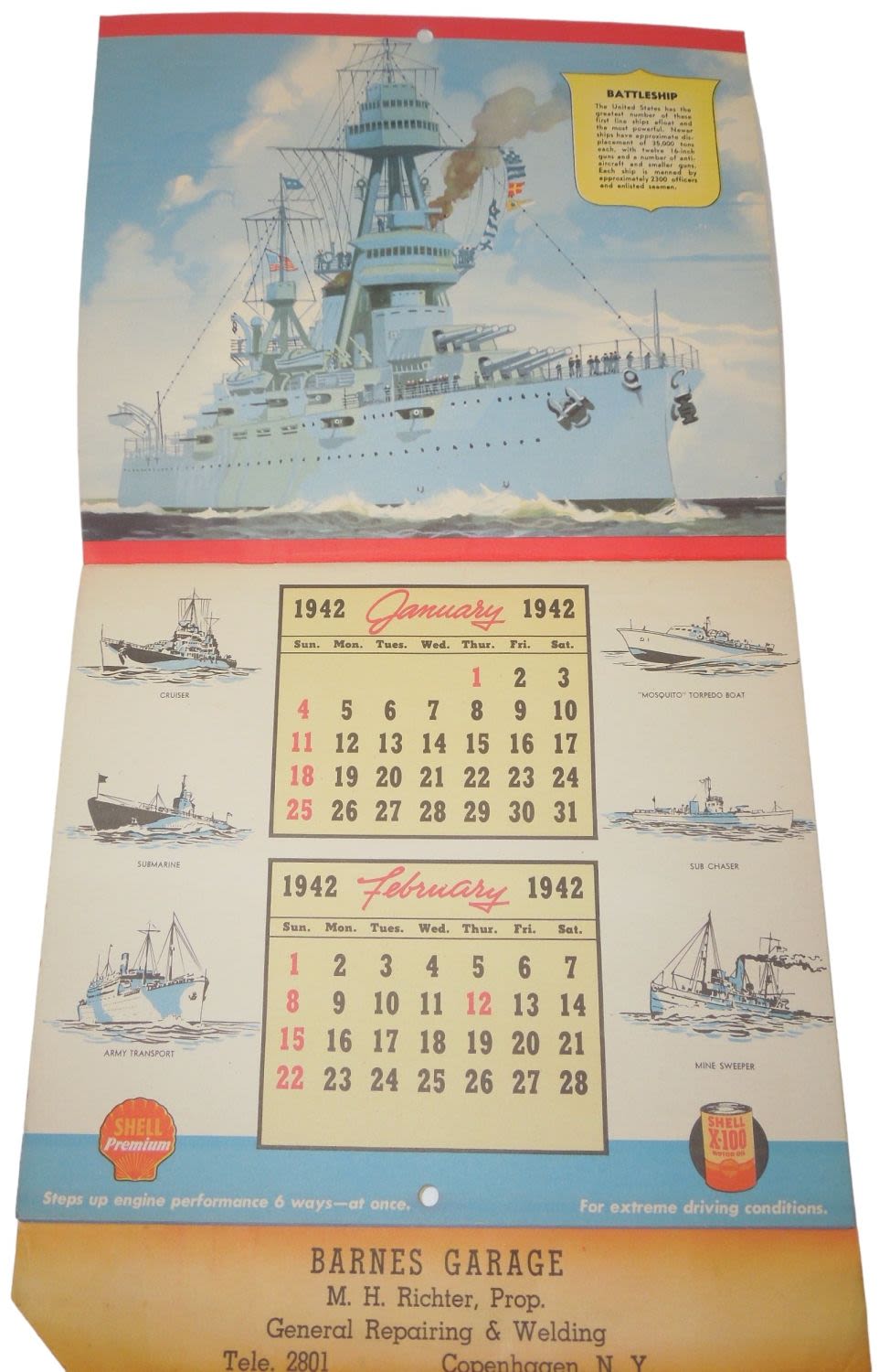 Lot 374: WWII 1942 Statue of Liberty Shell Oil Calendar Army, Navy Air Corps, Marines Insignia