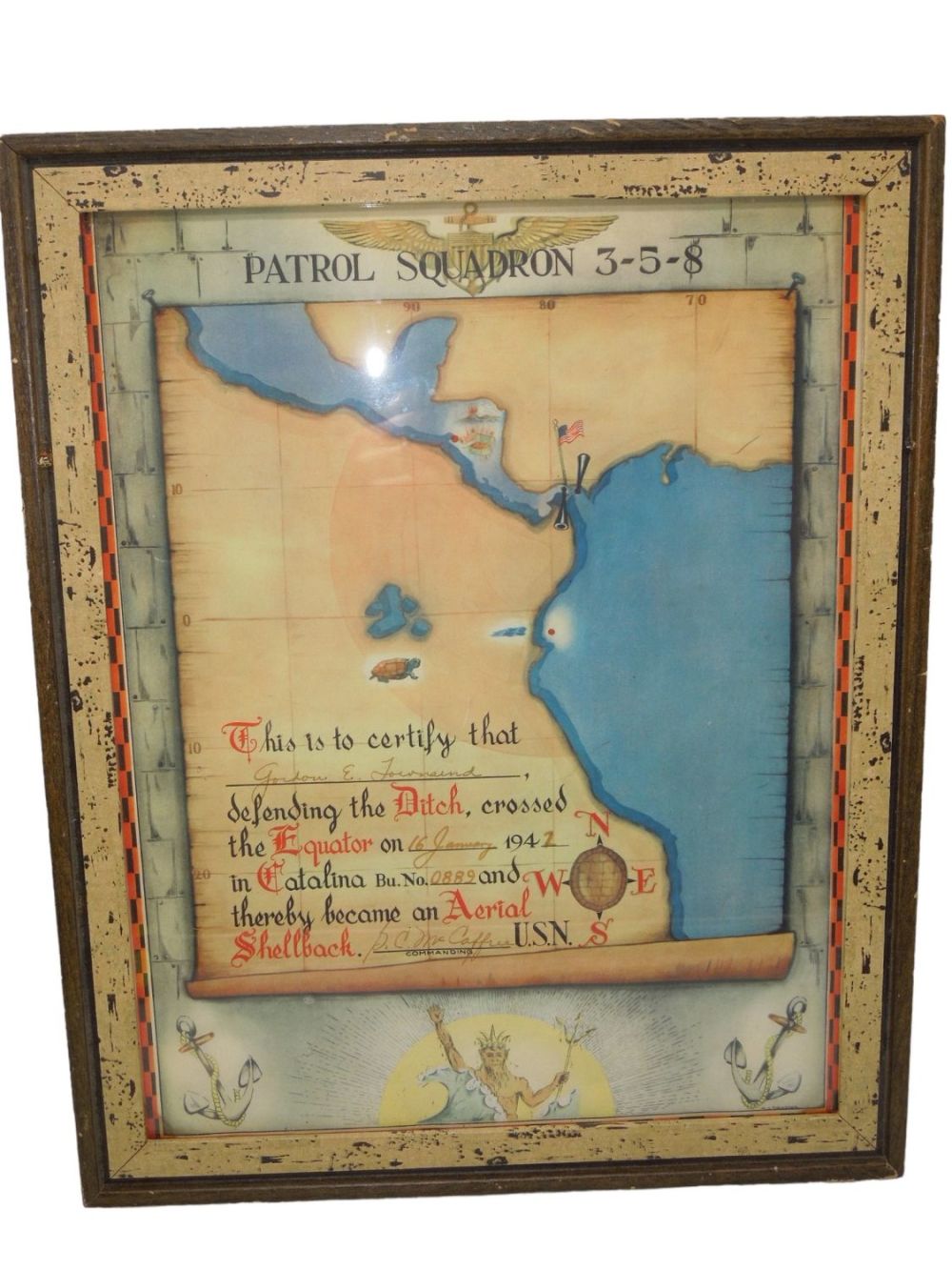 Lot 382: WWII 1942 Named Patrol Squadron 358 Crossing The Equator Catalina Document