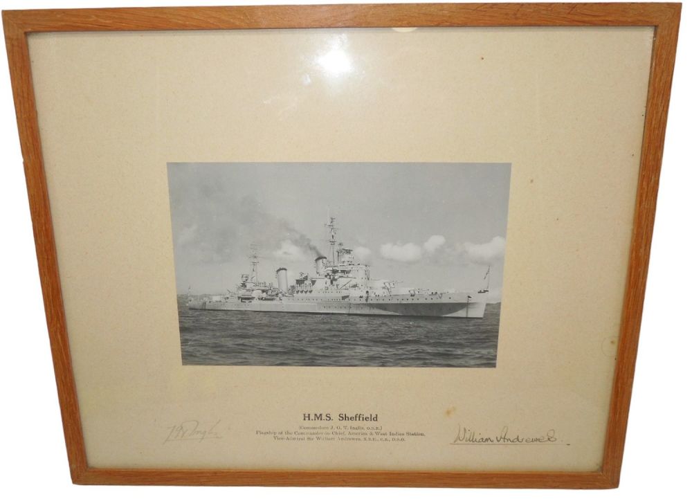 Lot 385: 1950s Royal Navy Cruiser H.M.S. Sheffield Signed Ship Framed Photo