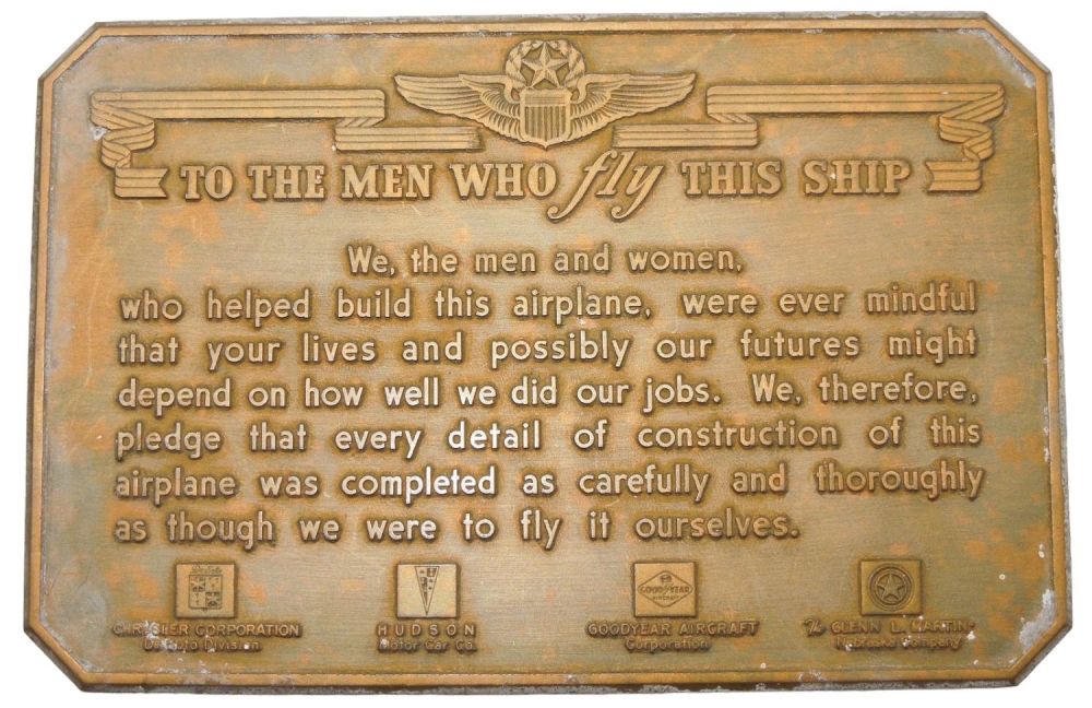 Lot 403: WWII Chrysler, Hudson Motor, Goodyear, Glenn Martin Aircraft Message Plate