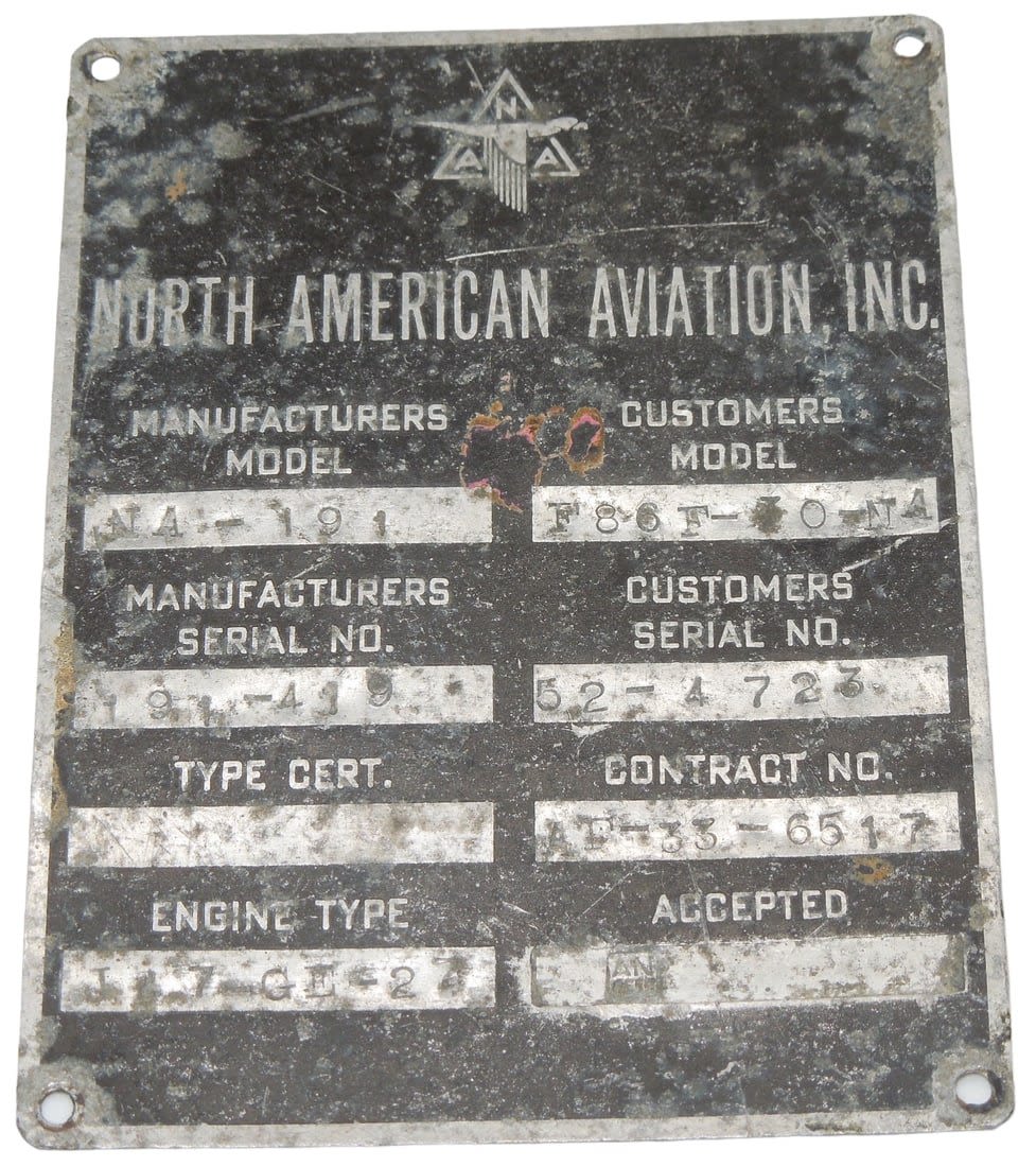 Lot 406: 1950s USAF 50th Bomber Wing North American Aviation Data Plate F-86F Sabre