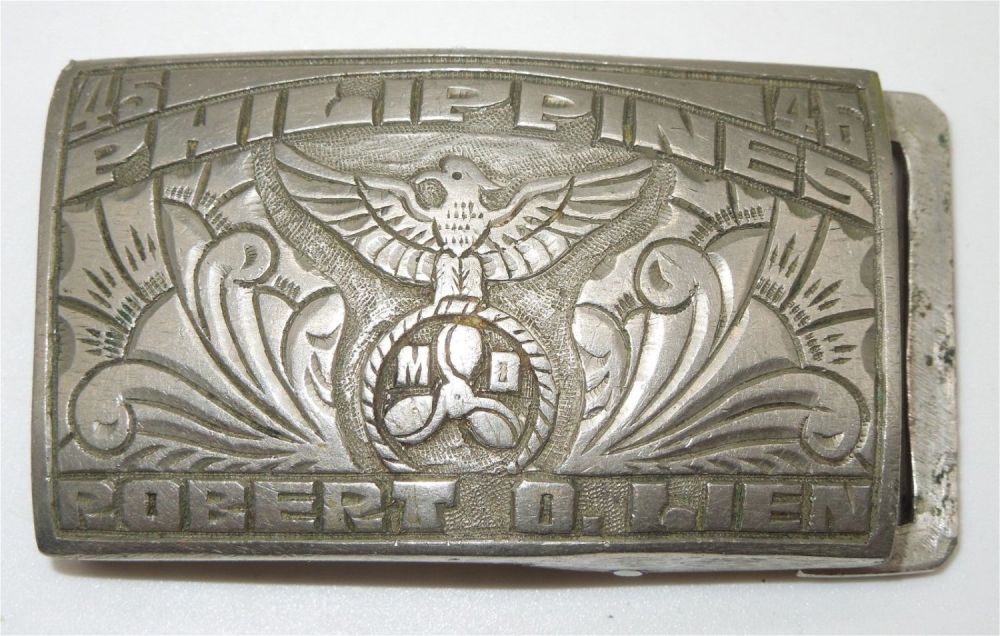 Lot 416: WWII 1945-46 Philippines Engraved USN Navy Named Motor Machinists Mate Belt Buckle
