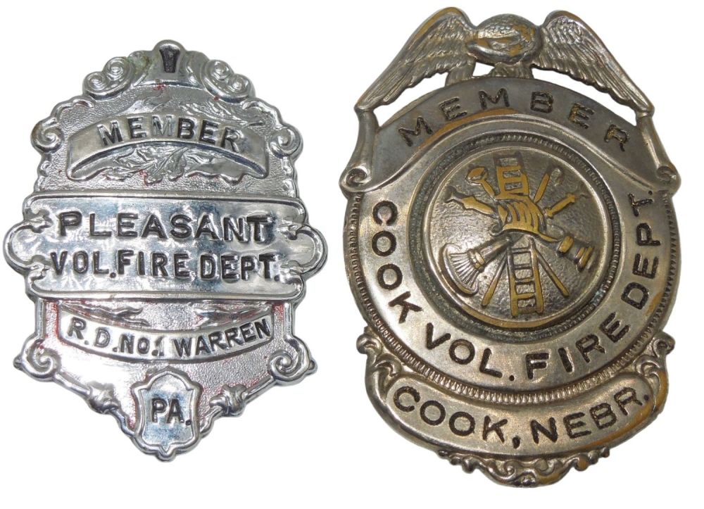Lot 498: 1940s - 60s Fire Department Badges (2) Cook, NE & Warren, PA
